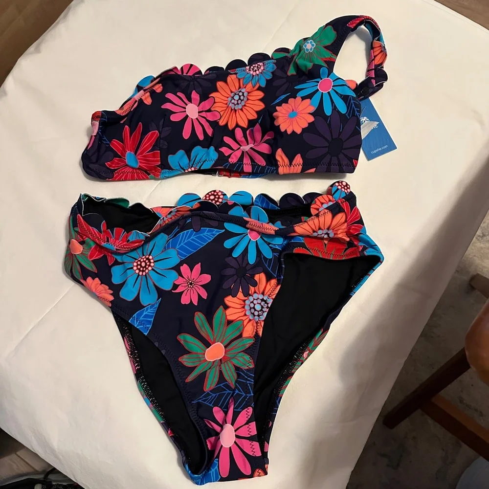 Cupshe Dark Floral One Shoulder Scalloped Bikini Set Navy Blue Size Small Beach - Picture 3 of 8